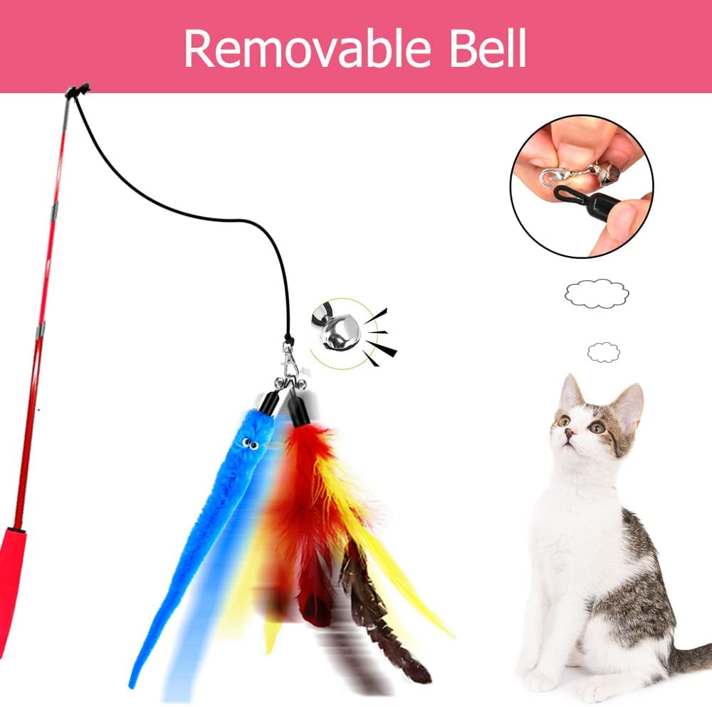 Cat Toy Wand, Retractable Cat Feather Toys and Replacement Refills with Bells, Interactive Cat Toys for Cat Kitten Exercise